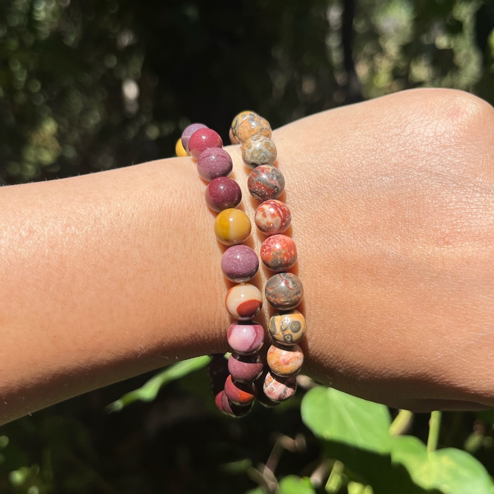 8mm stretchable mookaite and leopard skin jasper bracelet set‎